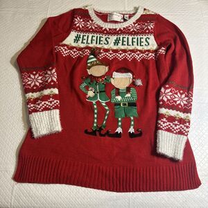 Merry & Bright Ugly Christmas Sweater #Elfies Women's Medium Red Green Cream‎